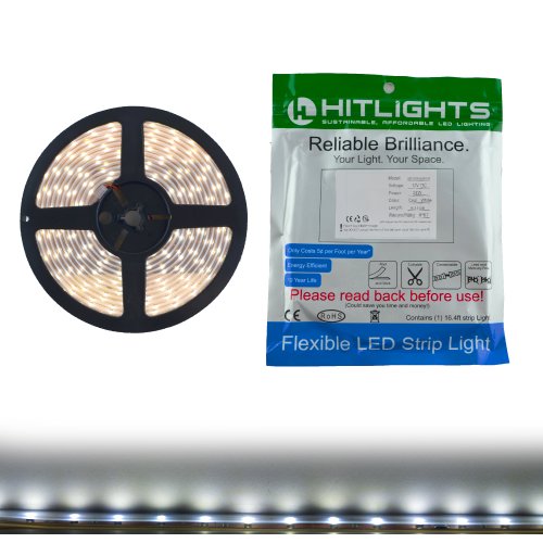 HitLights Waterproof Cool White High Density SMD3528 LED Light Strip – 600 LEDs, 16.4 Ft Roll, Cut to length – 5000K, 123 Lumens / 4 Watts per foot, IP67, Requires 12V DC