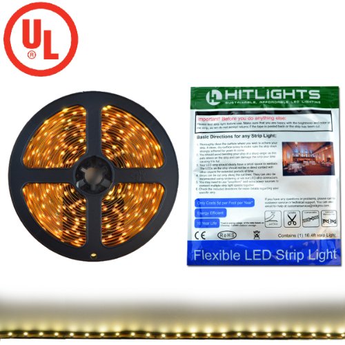 HitLights UL-Listed : Warm White SMD3528 LED Light Strip – 300 LEDs, 16.4 Ft Roll, Cut to length – 3000K, 82 Lumens / 1.5 Watts per foot, Requires 12V DC, UL-Listed
