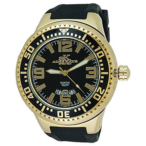 Adee Kaye #2230SS-MG Men’s Neptune Collection Stainless Steel Silicone Band Black and Gold Watch