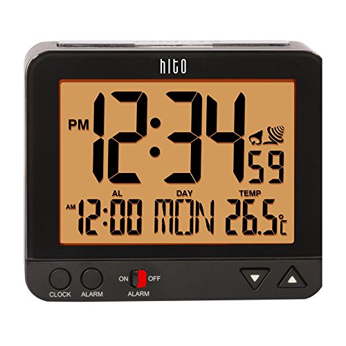 HITO™ Atomic Radio Controlled Travel Alarm Clock w/ Date, Temperature, Week, Alarm Status, Backlight + Smart Auto Light- Battery Operated