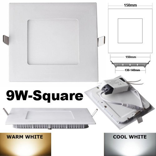 HS (TM) 9W 12W 630 Lumens Dimmable Cree Led Glasses Recessed Square Flat Ceiling Panel Down Lights Lamps (Warm Light, 9W)