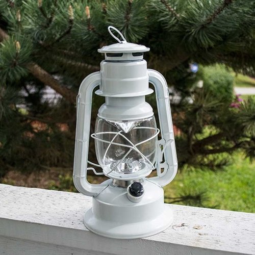 Hurricane Lantern Light, 11.5 in. White Metal, Battery Op. Dimmable LED