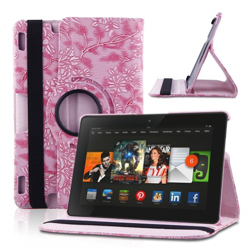 URPOWER 360 Degrees Rotating Embossed Flower Pattern PU Leather Case and Cover for 2013 Kindle Fire HDX 8.9 Inch (Supports Wake/sleep Function with Stylus) – Pink