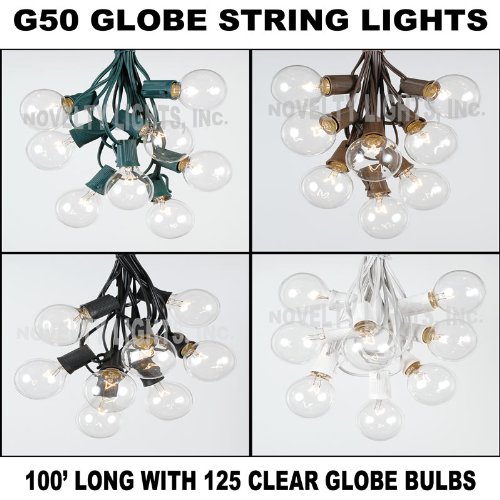 100 Foot G50 Clear Outdoor Lighting Patio Globe String Lights, Clear, Black Wire, 100′