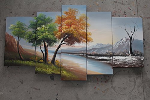 TJie Art Hand Painted Mordern Oil Paintings Wall Decor Realism Rivers Clouds Home Landscape Oil Paintings Splice 5-piece/set on Canvas