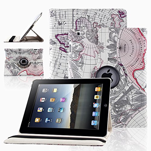 URPOWER Stylish Map Pattern 360 Degrees Rotating Smart Cover PU Leather Case with Rotating Stand for iPad 2 3 4 ( Auto Wake/Sleep Smart Cover Function with Stylus)- Blue