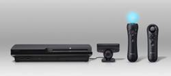 PlayStation Eye camera peripheral flanked by a PS3 and the PlayStation Move controller and PlayStation Move sub-controller